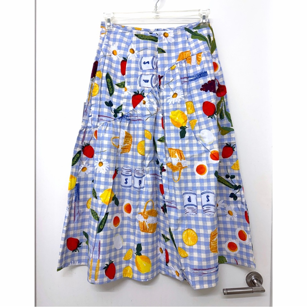 NWT Lisa Says Gah Maeve Picnic Alfresco Midi Skirt Food Vegetable Blue Gingham M - Picture 8 of 10